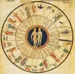 Naked slim white couple standing side by side in a medieval zodiac wheel illustration with Latin text.