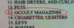 Occult magazines circled in red on a vintage printed list of items.