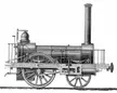 Black and white illustration of the Vauxhall steam locomotive from 1834 on a plain white background