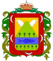 Coat of arms for communes of Chile featuring a shield with a mountain, wings, a fish, and a crown on a white background
