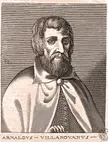 Arnaldus de Villa Nova in a vintage gravure portrait, wearing a cloak and featuring a full beard