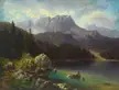 Max Wolfinger oil painting of the Zugspitze mountain landscape with a clear lake and rocky shores