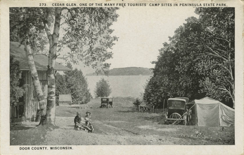 This 1924 postcard produced by Curt Teich & Company reads, "Cedar Glen, one of the many free tourists' camp sites in Peninsula State Park, Door County Wisconsin."