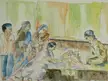 Watercolor painting of a group including Indian women in saris and a person in a white shirt looking down at a baby