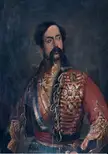 Fine art oil painting of Diego de León in a red military uniform with gold braids and medals.