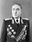 Sergey Biryuzov in a black and white vintage photo wearing a military uniform with medals
