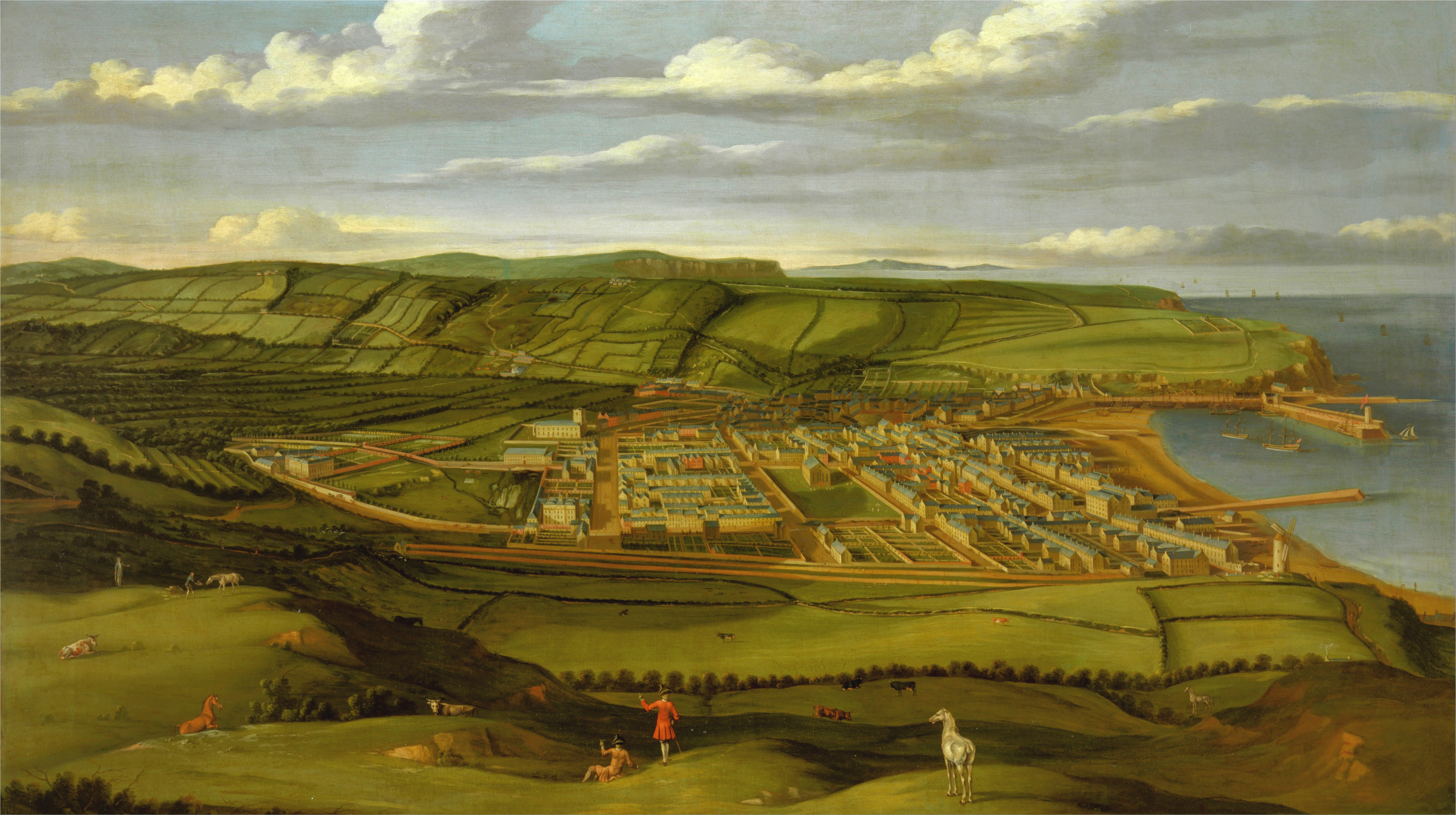 Matthias Read's view of Whitehaven, circa 1738, showing the planned town of Sir John Lowther.