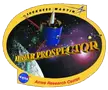 Lunar Prospector mission patch with a spacecraft orbiting the moon and stars, Discovery Program concept art