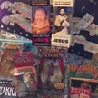Cursed memes featuring a Dashboard Monk, Dashboard Jesus, Buddy Christ, and Nunzilla toys with stickers.