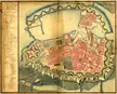 1728 map of Copenhagen featuring a fortified city with red buildings, defensive walls, and surrounding water