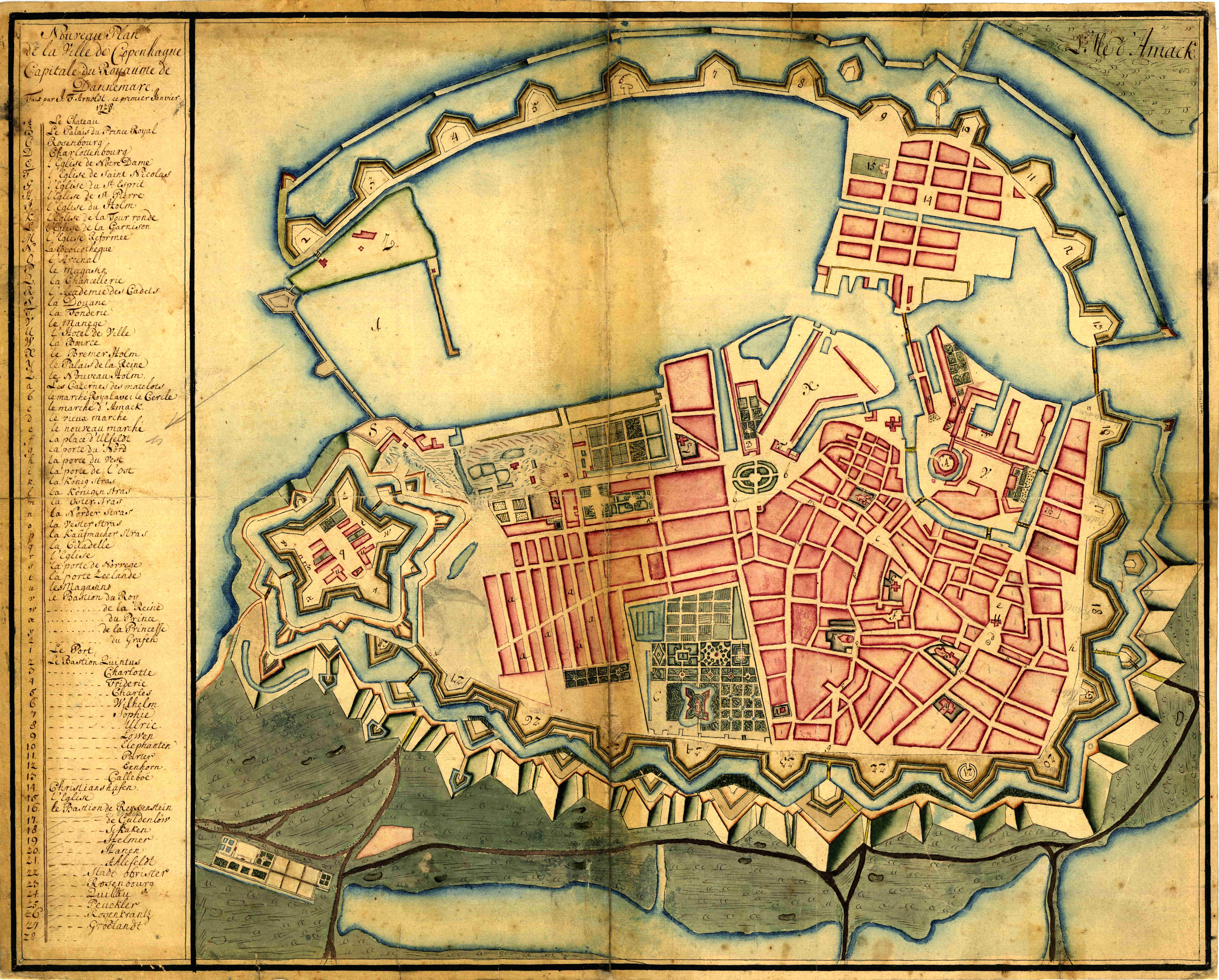 A 1728 map of Copenhagen showing the city as it appeared immediately before the Great Fire of 1728