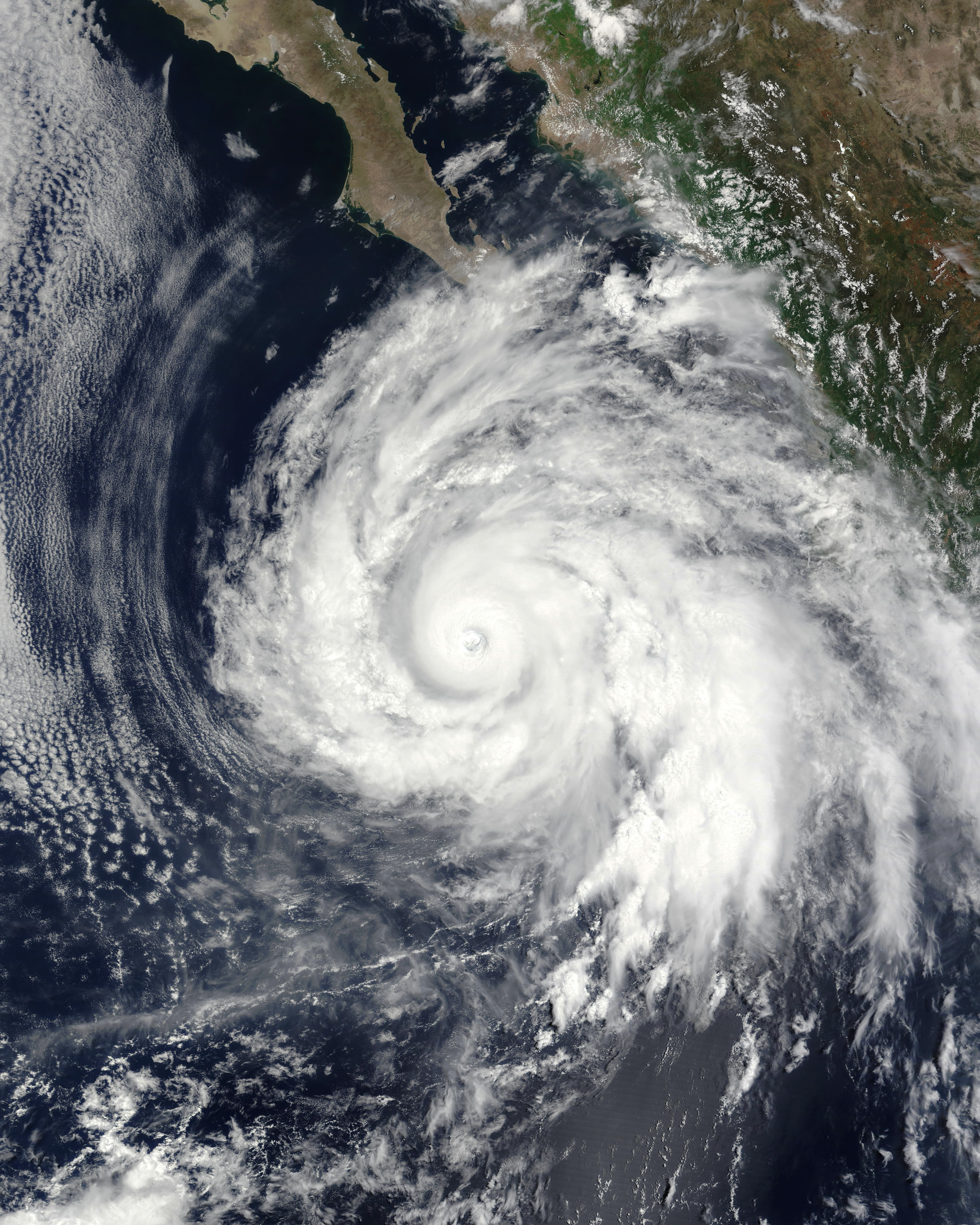 Hurricane Dolores near peak intensity south of the Baja California peninsula.
