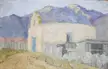 Cordelia Wilson oil painting of a light-colored building with a blue door and purple mountains