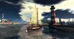 A 3D digital art cruise scene with a sailboat and striped lighthouses in a harbor under a dramatic sky.