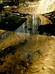 A narrow stream flowing through a rocky, sandy landscape with tree reflections and a steep bank.
