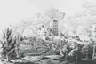 Black and white fine art painting of Baldenstein Castle with a tall tower, bridge, and gardens in the Grisons mountains.