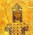 Byzantine Emperor Manuel I Comnenus in a fine art oil painting wearing a crown and ornate patterned clothing.