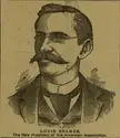 Louis Kramer, a vintage line-art illustration of a man with glasses and a mustache in a suit