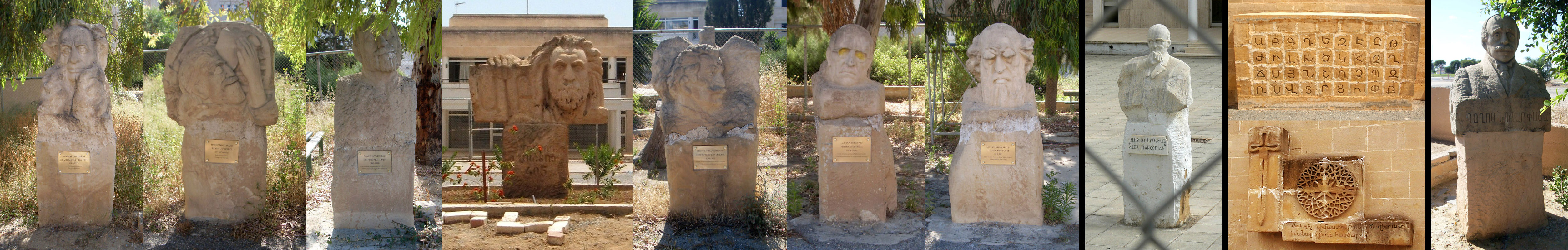 The series of sandstone statues at the Melkonian, the marble statue of Alec Manougian, the twin sandstone monument for the Armenian Alphabet and Mother Armenia and the sandstone bust of Boghos Noubar Pasha in front of the AGBU club entrance