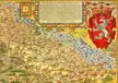 Antique map of Silesia and Bohemia featuring a heraldic lion, mountains, and historic towns.
