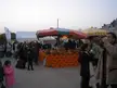 le Marche de farmers outdoor market with pumpkins under colorful umbrellas and people in autumn clothing