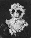 Frances Nelson in a black and white fine art oil painting wearing an ornate lace bonnet and lace-trimmed dress