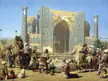 Vasily Vereshchagin's oil painting of a crowded marketplace with camels and horses before a blue-tiled mosque