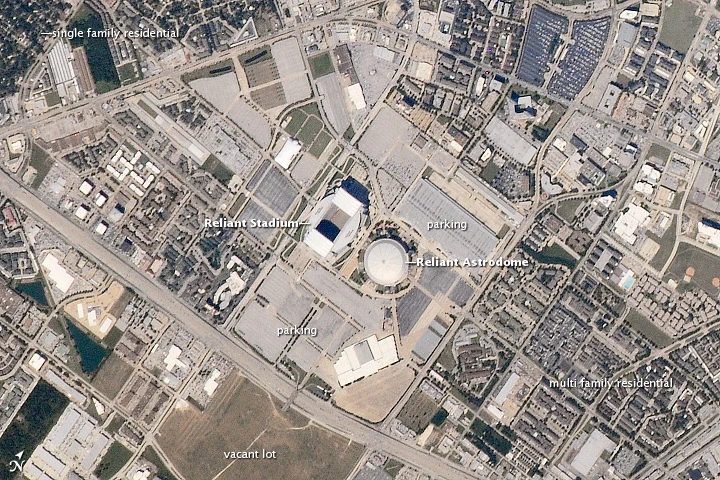 NRG Park area, Houston, Texas. Astrodome, with NRG Stadium at center of this 2010 astronaut photo