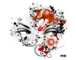 Carcaball's digital art of pale skin eyes obscured by red and white flowers and black swirls on a white background
