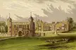 Fine art oil painting of Charlecote Park circa 1880, featuring a stone manor house with towers and deer on a green lawn