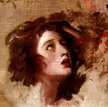 Oil sketch of Emma Hart as Miranda by George Romney, featuring a woman with curly brown hair looking upwards.