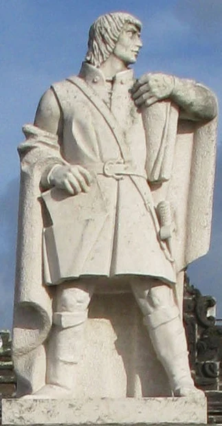 Statue of Goncalo Velho Cabral alongside the city gates in Ponta Delgada, on the island of São Miguel (Azores), Portugal