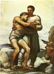 George Frederic Watts oil painting of two muscular tan men and a donkey in a rocky landscape
