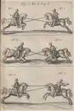 Johann Jacob von Wallhausen gravure of armored knights on horses with lances engaging in jousting maneuvers