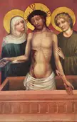 Man of Sorrows oil painting of three figures with golden halos, including a shirtless man with a crown of thorns