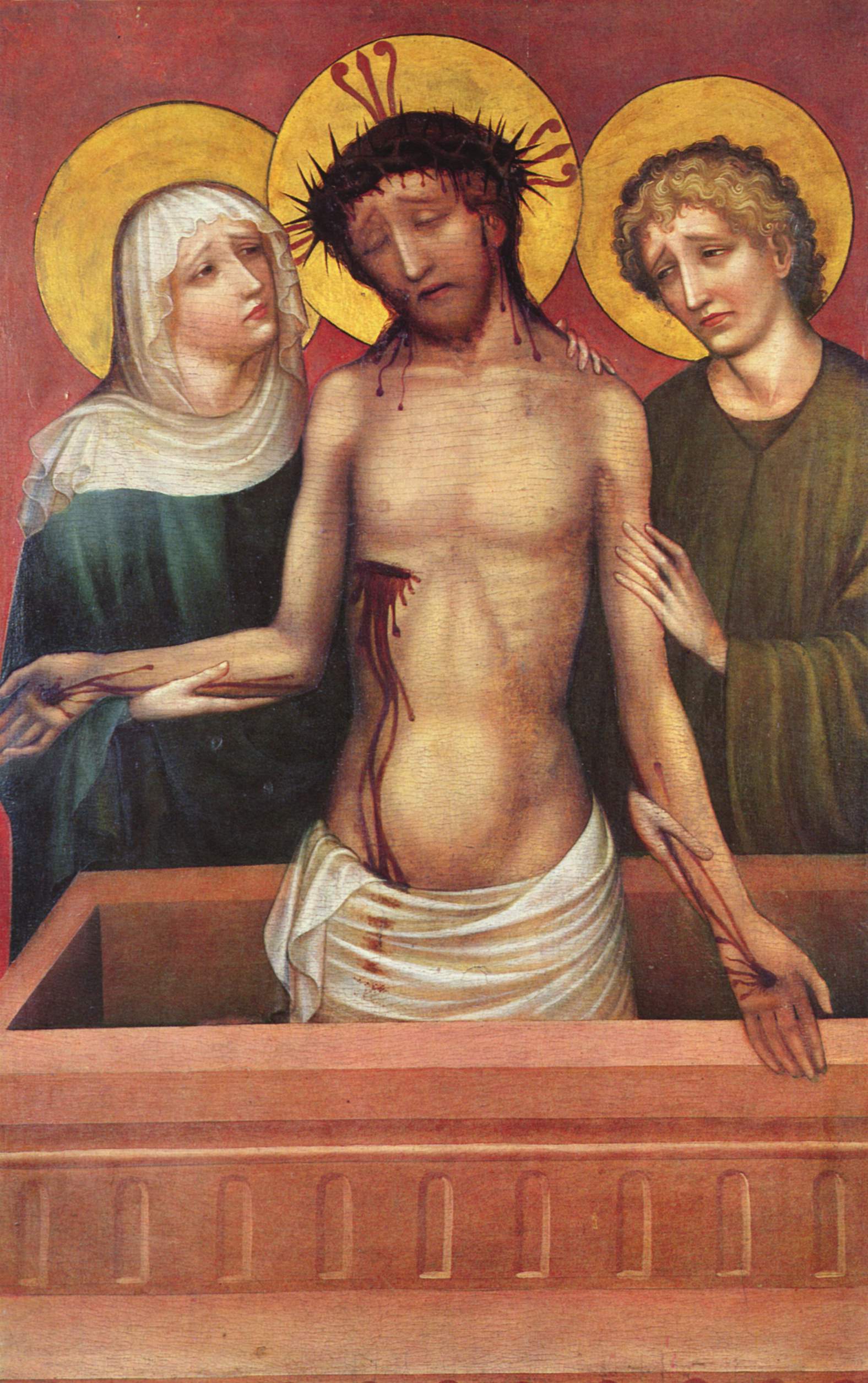 Man of Sorrows (c. 1420). Oil on wood, 116 × 75 cm. In the collection of the Germanisches Nationalmuseum. Formerly attributed to the Master of the Imhoff Altar, this painting is now believed to be by the Master of the Bamberg Altar