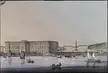 Oil painting of the Académie des beaux-arts and obélisque Roumiantzoff in a waterfront city with boats and figures
