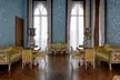 Vorontsov Palace interior with light blue floral print wallpaper and gold-trimmed yellow furniture