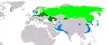 White-tailed eagle distribution map highlighting regions in Europe and Asia in green and blue.
