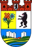 Coat of arms of Hellersdorf featuring a red castle wall, a black bear, a bouquet of flowers, and a cityscape.