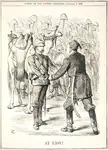 Charles Gordon greeting reinforcements at Khartoum in a black and white satire cartoon from Punch magazine.