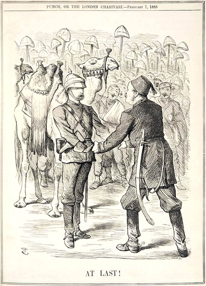 A cartoon of Charles Gordon greeting reinforcements at Khartoum in 1885. Published before Gordon's death was known.