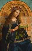 Fine art oil painting of a fair-skinned woman with long reddish-brown hair wearing a blue gown and ornate crown reading a