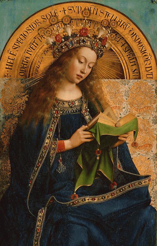 Painting of a woman wearing a crown and reading a book
