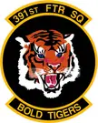 391st FTR SQ Bold Tigers circular military patch featuring a roaring tiger head