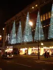 John Lewis store at night with illuminated conical Christmas trees and people in dark clothing walking by