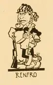 Alfred T. Renfro caricature in a Native American costume with a rifle, pipe, and hoop earrings