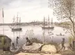 P. Mikhailov oil painting of indigenous people on a rocky shore overlooking a harbor with sailing ships