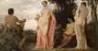 Judgement of Paris fine art oil painting of a muscular man and three nude goddesses with fair skin in a landscape