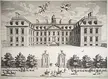 Black and white gravure of Clarendon House, a Grade I listed mansion with a gated courtyard and cherubs in the sky.